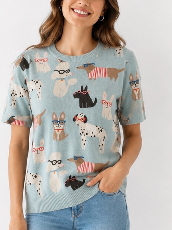 Boutique Tops - 949.  NEW knitted Casual Knitted Crew Neck Short Sleeve Sweater, Cartoon Dog